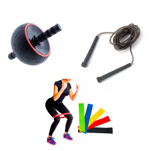 COMBO DEPORTIVO (AB WHEEL + KIT X5 BANDAS RESISTENCIA + LAZO PARA SALTAR)